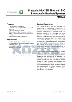CM1683 datasheet - Praetorian L-C EMI Filter with ESD Protectionfor Headsets/Speakers