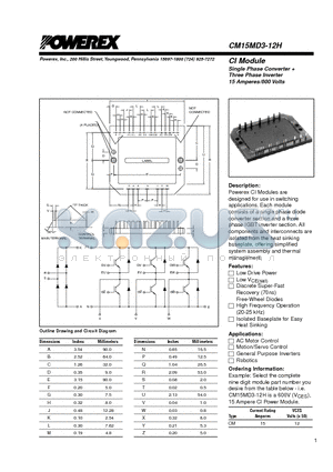 CM15MD3-12H datasheet - CI Module Single Phase Converter  Three Phase Inverter 15 Amperes/600 Volts