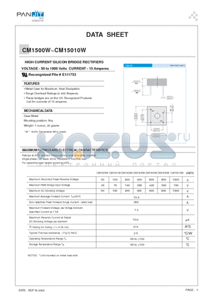 CM1508W datasheet - HIGH CURRENT SILICON BRIDGE RECTIFIERS(VOLTAGE - 50 to 1000 Volts CURRENT - 15 Amperes)