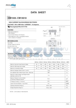CM1508 datasheet - HIGH CURRENT SILICON BRIDGE RECTIFIERS(VOLTAGE - 50 to 1000 Volts CURRENT - 15 Amperes)