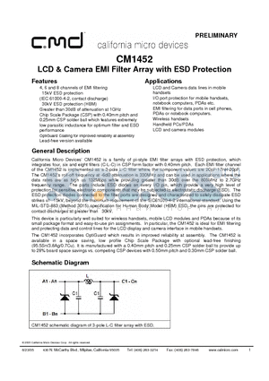 CM1452-08CP datasheet - LCD & Camera EMI Filter Array with ESD Protection