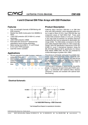 CM1436 datasheet - 4 and 8 Channel EMI Filter Arrays with ESD Protection