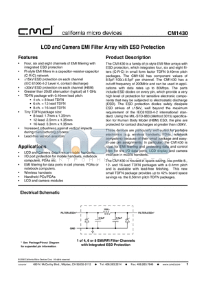 CM1430-08DF datasheet - LCD and Camera EMI Filter Array with ESD Protection