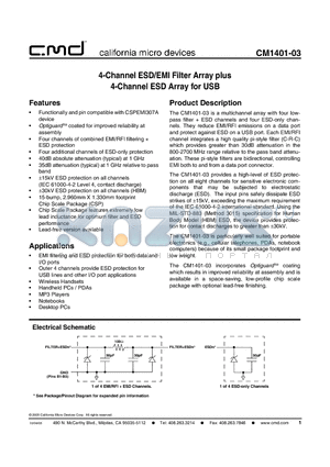 CM1401-03CP datasheet - 4-Channel ESD/EMI Filter Array plus 4-Channel ESD Array for USB