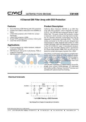 CM1406-04DF datasheet - 4 Channel EMI Filter Array with ESD Protection