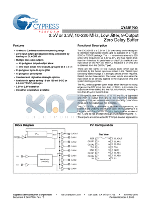 CY23EP09 datasheet - 2.5V or 3.3V, 10-220 MHz, Low Jitter, 9-Output Zero Delay Buffer