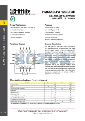 548LP3E datasheet - SiGe HBT MMIC LOW NOISE AMPLIFIER, 1.2 - 3.0 GHz
