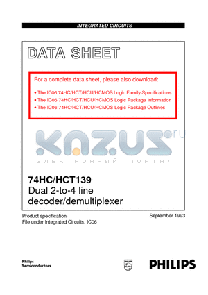 74HCT139D datasheet - Dual 2-to-4 line decoder/demultiplexer