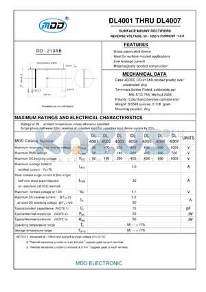 DL4001 datasheet - SURFACE MOUNT RECTIFIERS (REVERSE VOLTAGE: 50 - 1000 V CURRENT: 1.0 A)