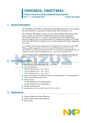 74HCT4053N datasheet - Triple 2-channel analog multiplexer/demultiplexer