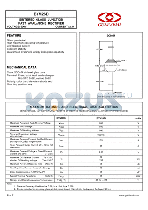 BYM26D datasheet - SINTERED GLASS JUNCTION FAST AVALANCHE RECTIFIER VOLTAGE: 800V CURRENT: 2.3A