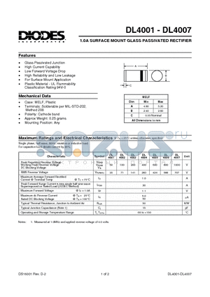 DL4007 datasheet - 1.0A SURFACE MOUNT GLASS PASSIVATED RECTIFIER