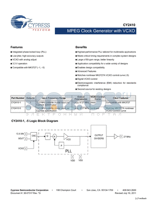 CY2410-1 datasheet - MPEG Clock Generator with VCXO Integrated phase-locked loop (PLL)