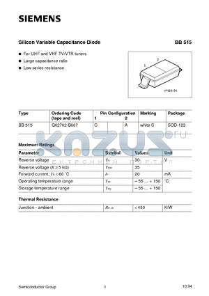 BB515 datasheet - Silicon Variable Capacitance Diode (For UHF and VHF TV/VTR tuners Large capacitance ratio Low series resistance)