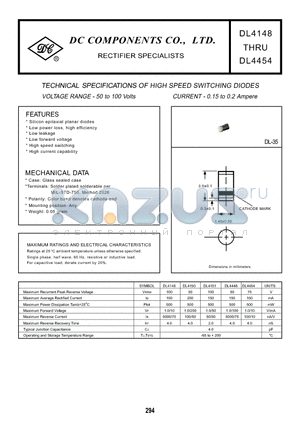 DL4151 datasheet - TECHNICAL SPECIFICATIONS OF HIGH SPEED SWITCHING DIODES