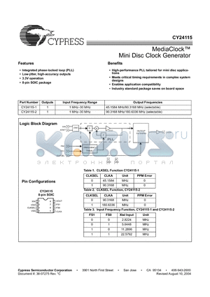 CY24115SXC-1T datasheet - MediaClock Mini Disc Clock Generator