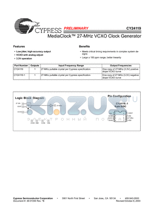 CY24119SC-1 datasheet - MediaClock 27-MHz VCXO Clock Generator