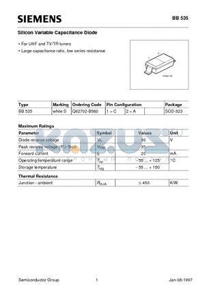 BB535 datasheet - Silicon Variable Capacitance Diode (For UHF and TV/TR tuners Large capacitance ratio, low series resistance)