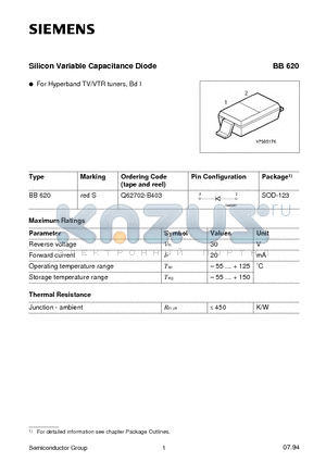 BB620 datasheet - Silicon Variable Capacitance Diode (For Hyperband TV/VTR tuners, Bd I)