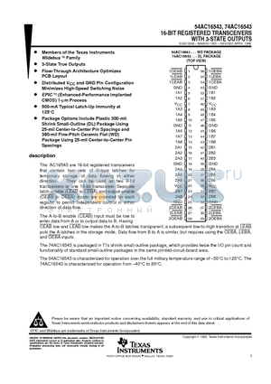 54AC16543 datasheet - 16-BIT REGISTERED TRANSCEIVERS WITH 3-STATE OUTPUTS