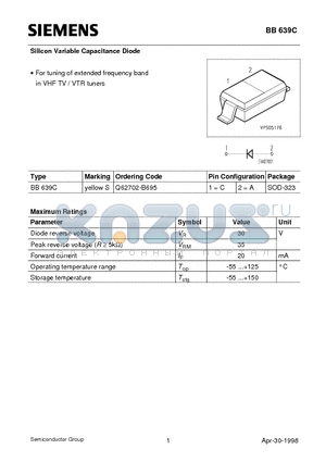 BB639C datasheet - Silicon Variable Capacitance Diode (For tuning of extended frequency band in VHF TV / VTR tuners)