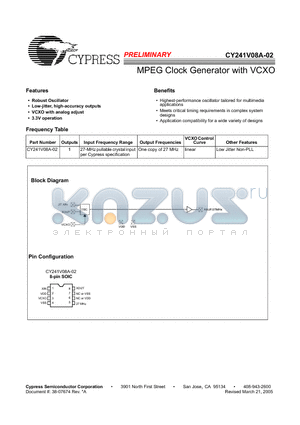 CY241V08A-02 datasheet - MPEG Clock Generator with VCXO