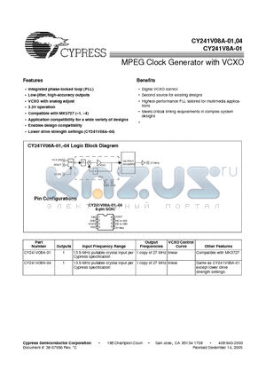 CY241V08A-01 datasheet - MPEG Clock Generator with VCXO