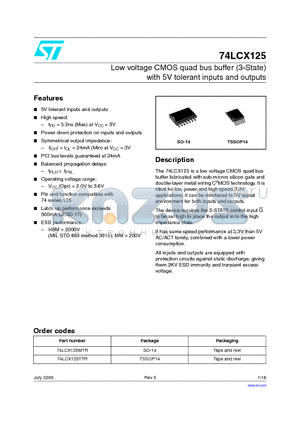 74LCX125 datasheet - Low voltage CMOS quad bus buffer (3-State) with 5V tolerant inputs and outputs