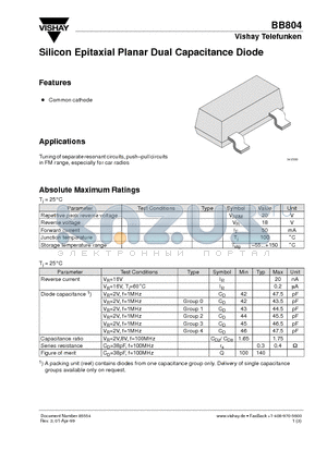 BB804 datasheet - Silicon Epitaxial Planar Dual Capacitance Diode