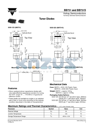 BB731S datasheet - Silicon epitaxial planar capacitance diodes with very wide effective capacitance variation for tuning the VHF range 41 ... 170 MHz in hyperband televi