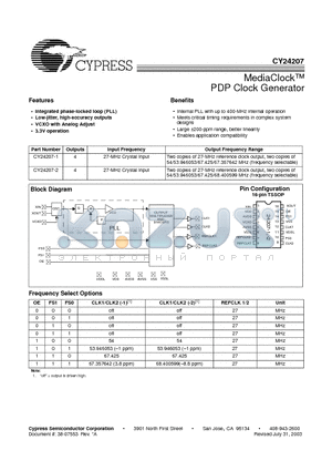 CY24207ZC-2T datasheet - MediaClock PDP Clock Generator