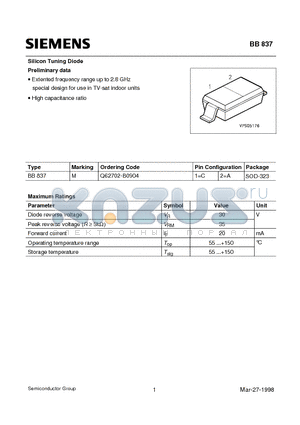 BB837 datasheet - Silicon Tuning Diode (Extented frequency range up to 2.8 GHz special design for use in TV-sat indoor units)