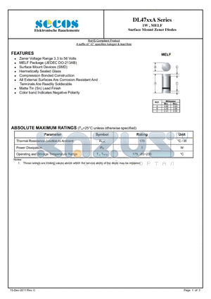 DL4732A datasheet - 1W , MELF Surface Mount Zener Diodes