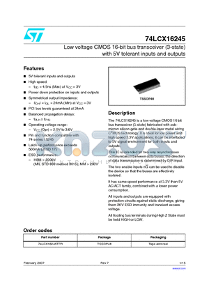 74LCX16245 datasheet - Low voltage CMOS 16-bit bus transceiver (3-state) with 5V tolerant inputs and outputs