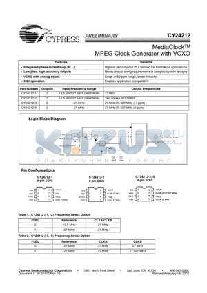 CY24212SC-3T datasheet - MediaClock MPEG Clock Generator with VCXO