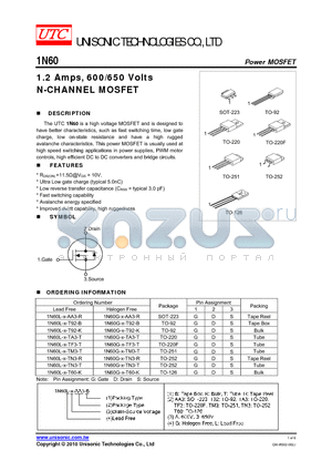 1N60 datasheet - 1.2 Amps, 600/650 Volts N-CHANNEL MOSFET
