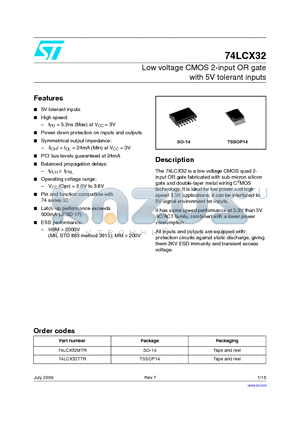 74LCX32MTR datasheet - Low voltage CMOS 2-input OR gate with 5V tolerant inputs