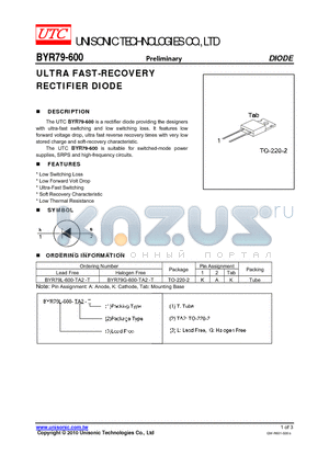BYR79L-600-TA2-T datasheet - ULTRA FAST-RECOVERY RECTIFIER DIODE