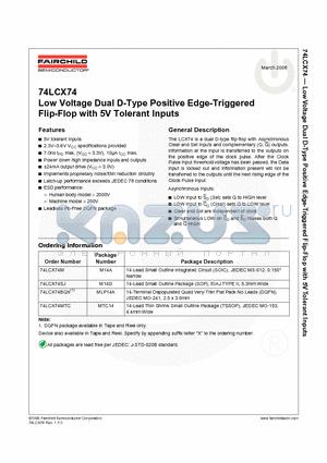 74LCX74_08 datasheet - 74LCX74 Low Voltage Dual D-Type Positive Edge-Triggered Flip-Flop with 5V Tolerant Inputs