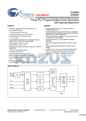 CY25423FSXIT datasheet - Three PLL Programmable Clock Generator with Spread Spectrum