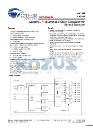 CY2544 datasheet - Quad PLL Programmable Clock Generator with Spread Spectrum