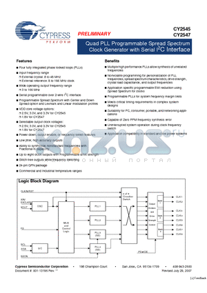 CY2545IXXXT datasheet - Quad PLL Programmable Spread Spectrum Clock Generator with Serial I2C Interface