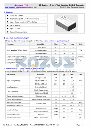 BC-0505S3 datasheet - 1.5 to 3 W att Isolated DC-DC Converter Single / Dual Regulated Output