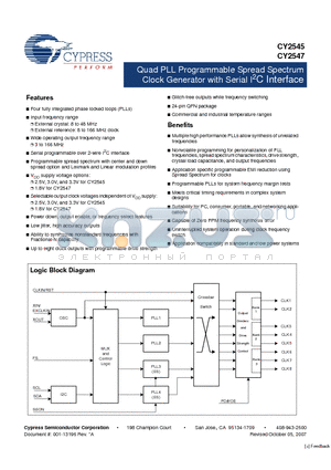 CY2545_0710 datasheet - Quad PLL Programmable Spread Spectrum Clock Generator with Serial I2C Interface