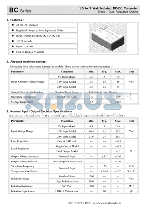 BC-053R6D1 datasheet - 1.5 to 3 Watt Isolated DC-DC Converter Single / Dual Regulated Output