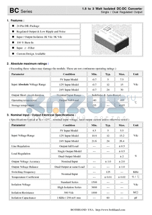 BC-1205D2 datasheet - 1.5 to 3 Watt Isolated DC-DC Converter Single / Dual Regulated Output