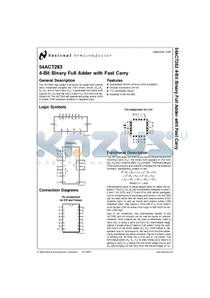 54ACT283 datasheet - 4-Bit Binary Full Adder with Fast Carry