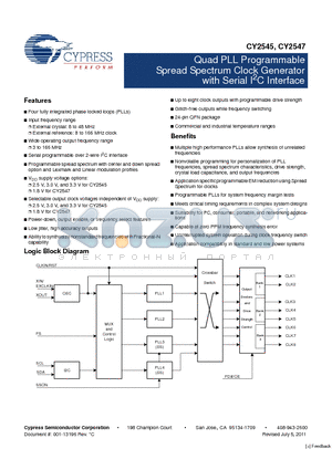 CY2547CXXXT datasheet - Quad PLL Programmable Spread Spectrum Clock Generator with Serial I2C Interface