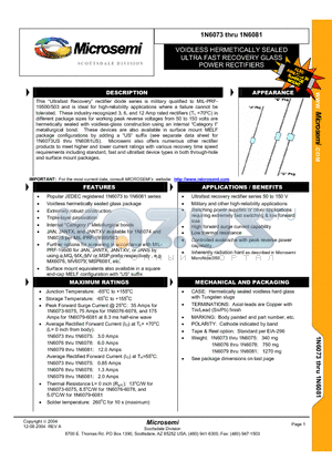 1N6073 datasheet - VOIDLESS HERMETICALLY SEALED ULTRA FAST RECOVERY GLASS POWER RECTIFIERS