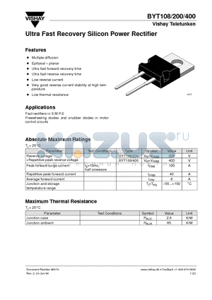 BYT108 datasheet - Ultra Fast Recovery Silicon Power Rectifier